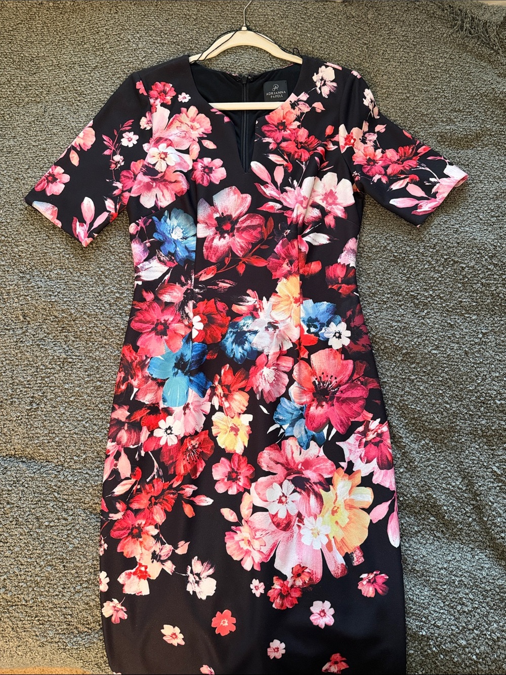 Adrianna Papell Black Floral Midi Dress with Pink, Blue & Yellow Blooms